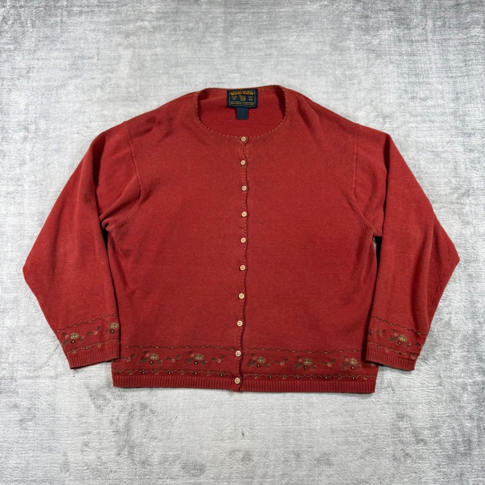 Woolrich Sweater Women XL Burnt Orange Floral Embroidered Beaded Knit Cardigian
